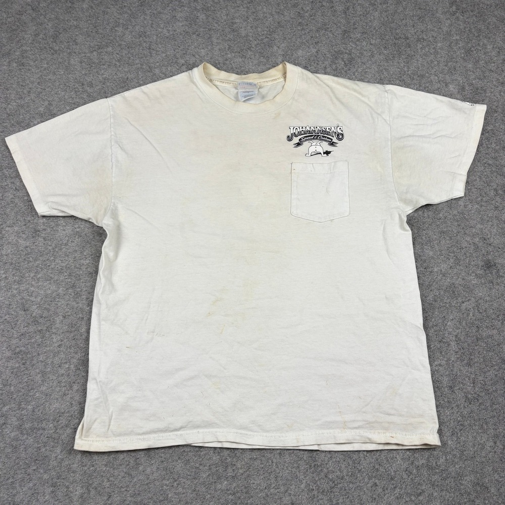 90s Mechanic Humor T-Shirt Mens XL Johannsen's Speed & Custom Pocket Graphic Vtg